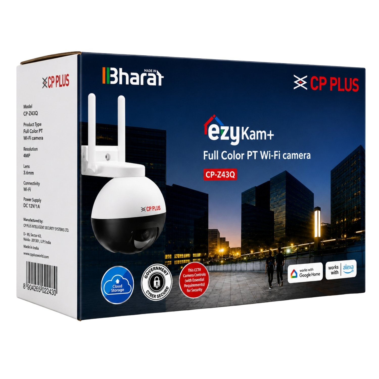 CP PLUS 4MP Quad HD Outdoor Wi-Fi CCTV Camera | 360° Pan & Tilt | Full-Color Night Vision | CTC Cyber Secure Tech | Smart Detection Suite | View & Talk | OK Google | Cloud Recording | CP-Z43Q