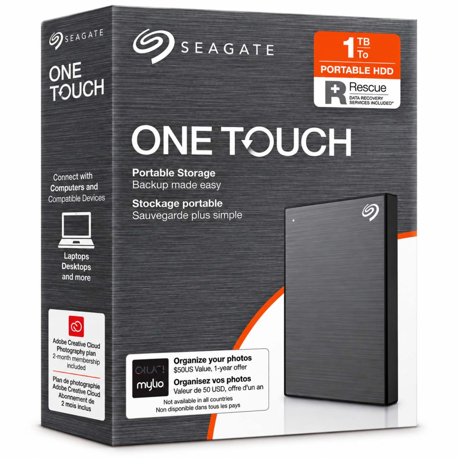 Seagate One Touch 1TB External HDD with Password Protection, USB, Space Gray, for Windows and Mac, with 3 yr Data Recovery Services (STKY1000404)